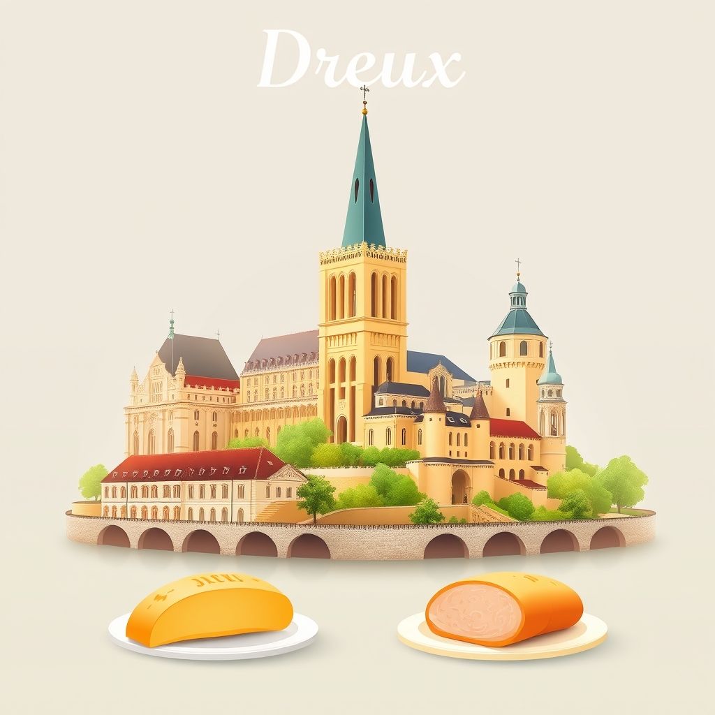 Ultra-high-definition gradient illustration of Dreux, featuring the Chapelle Royale de Dreux, the Château d'Anet, and pâté de Chartres.