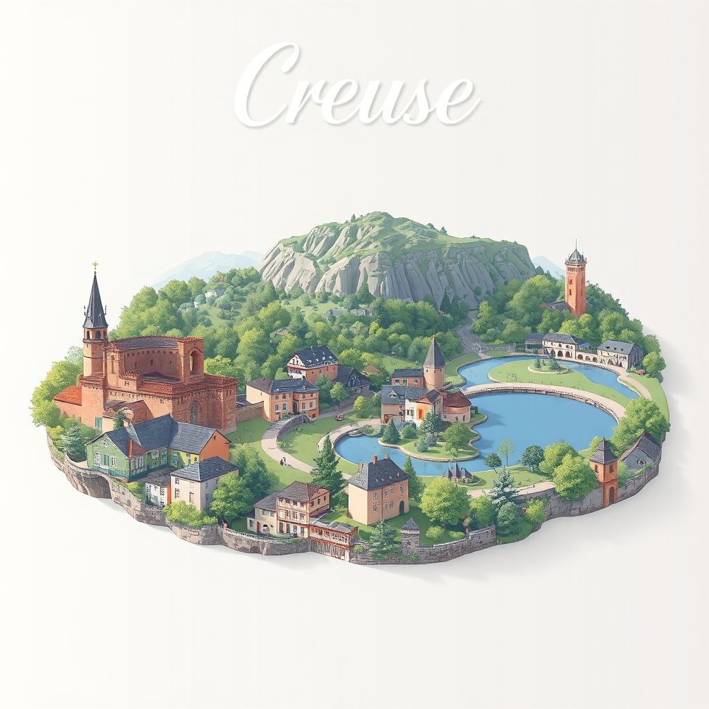 Ultra-high-definition gradient illustration of Creuse, featuring the Crozant Ruins, Lake Vassivière, and blueberry pie, highlighting the region's cultural and natural charm.