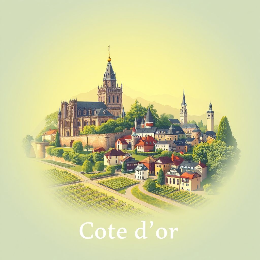 Ultra-high-definition gradient illustration of Cote d'Or, featuring the Abbey of Fontenay, Beaune, and vineyards.
