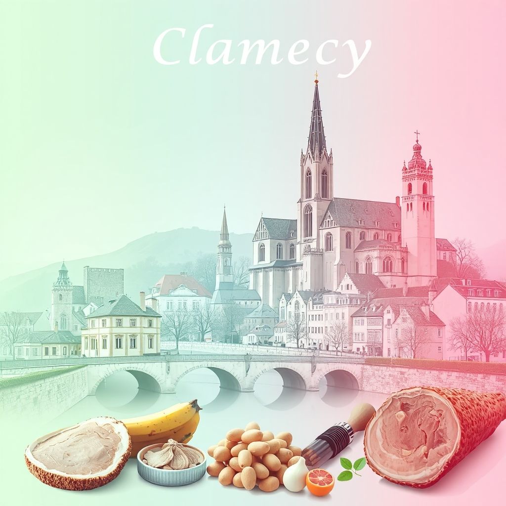Ultra-high-definition gradient illustration of Clamecy, featuring the Collegiate Church of St. Martin, the Nivernais Canal, and Nivernais ham.