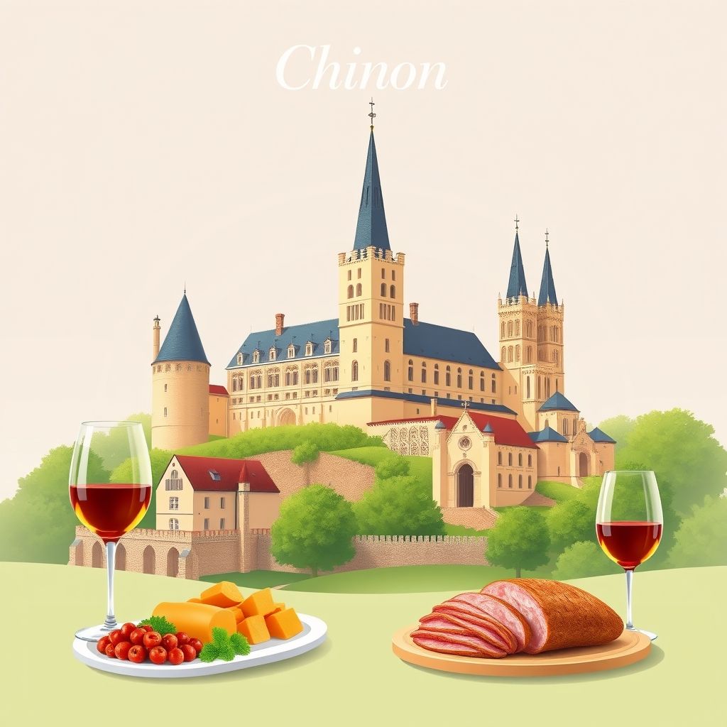 Ultra-high-definition gradient illustration of Chinon, featuring the Château de Chinon, the Church of Saint-Maurice, Chinon wine, and Rillettes de Tours.