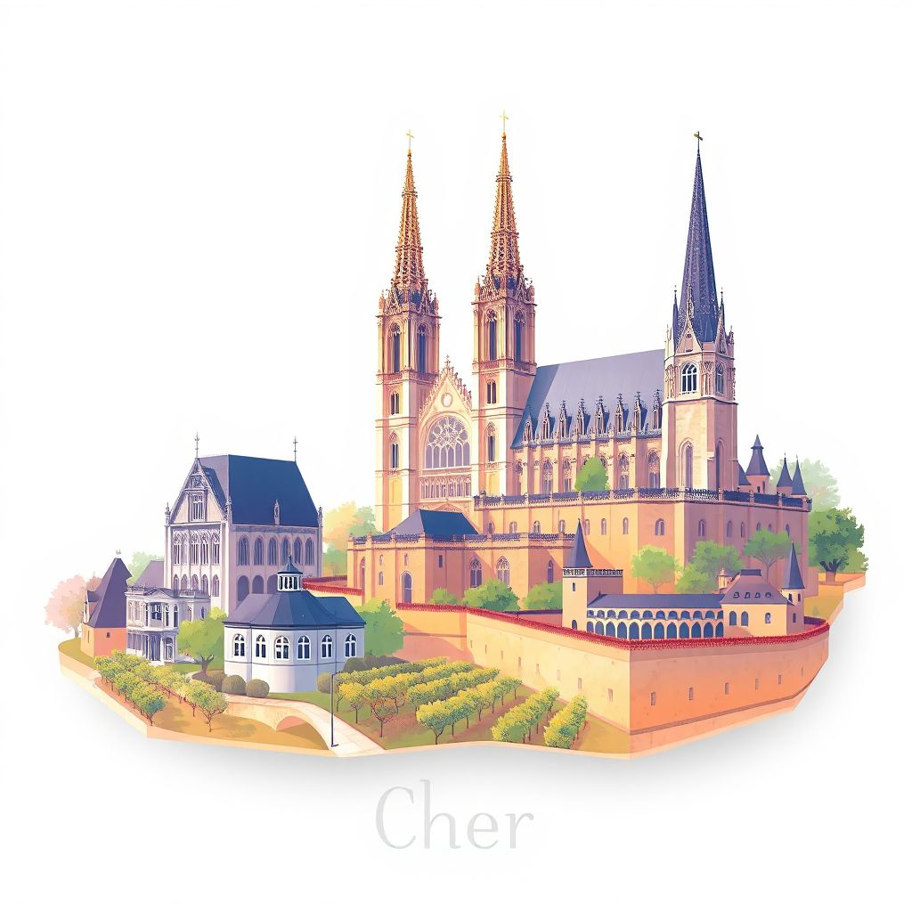 Ultra-high-definition gradient illustration style Cher illustration, showing the unique charm of the Cathedral of Bourges, the Jacques Coeur Palace, and the Sancerre vineyards.