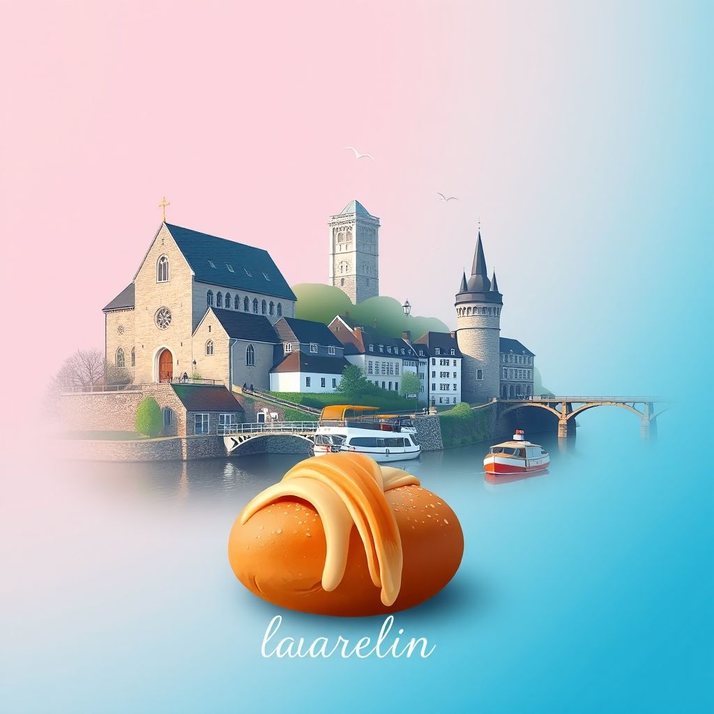 Ultra-high-definition gradient illustration of Châteaulin featuring the Chapelle de Kerjean, Nantes-Brest canal, and Kouign-amann.