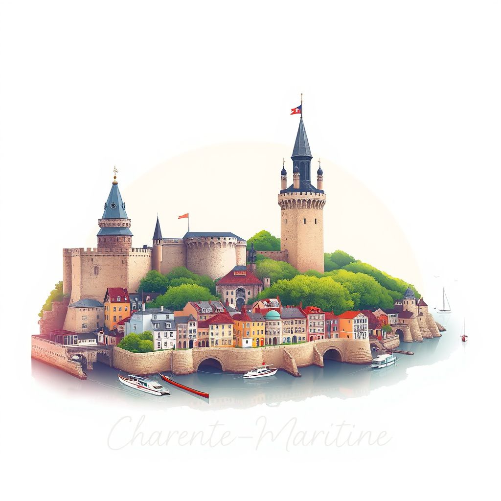 Ultra-high-definition gradient illustration style Charente-Maritime illustration, showing the unique charm of Fort Boyard, the La Rochelle Towers, and the historic town of Saintes.