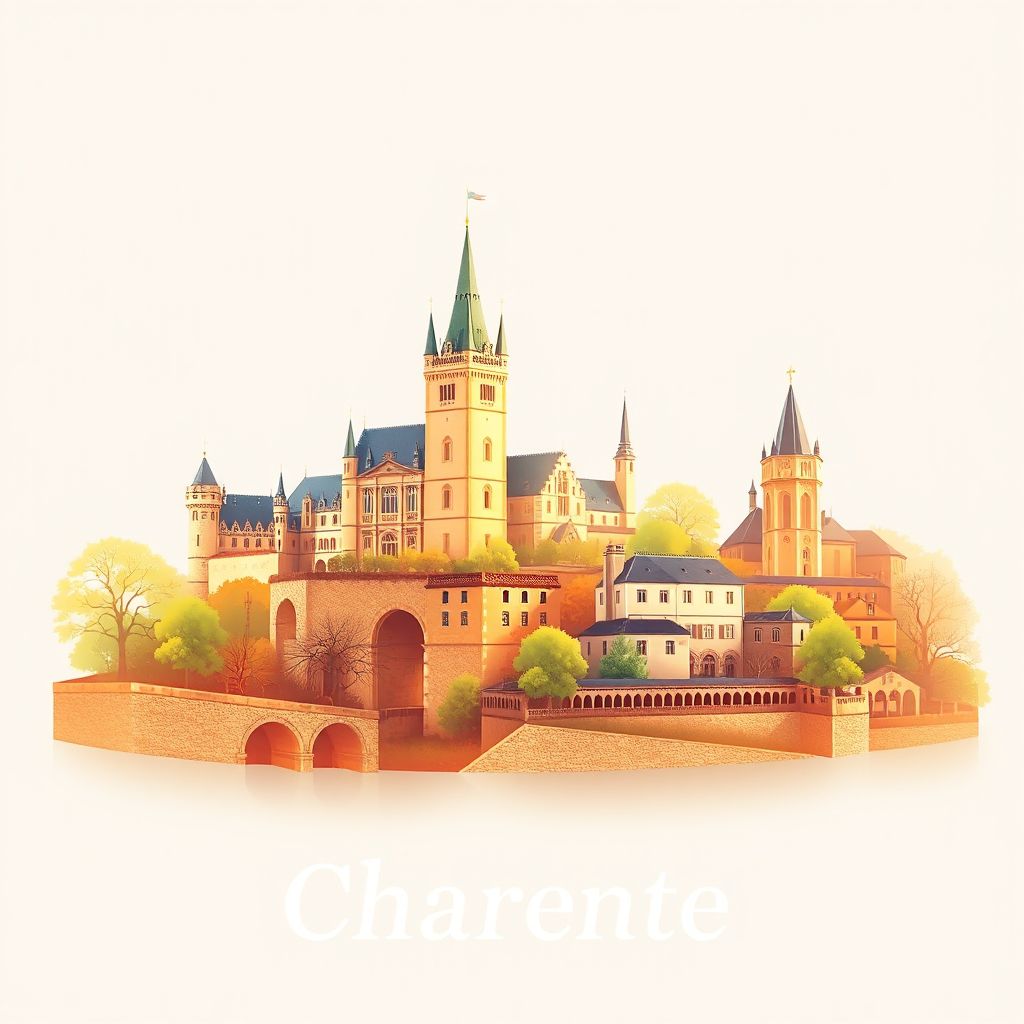Ultra-high-definition gradient illustration of Charente, France, featuring the Château de La Rochefoucauld, Abbaye de Saint-Amant-de-Boixe, and Pineau des Charentes wine.