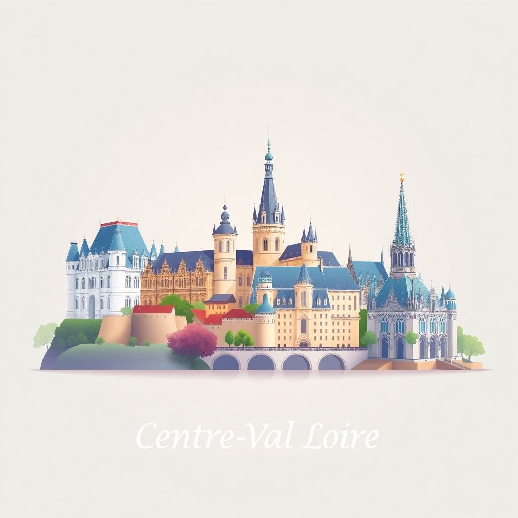 Ultra-high-definition gradient illustration style Centre-Val de Loire illustration, showing the unique charm of the Château de Chambord, the Château de Chenonceau, and the Cathedral of Chartres.