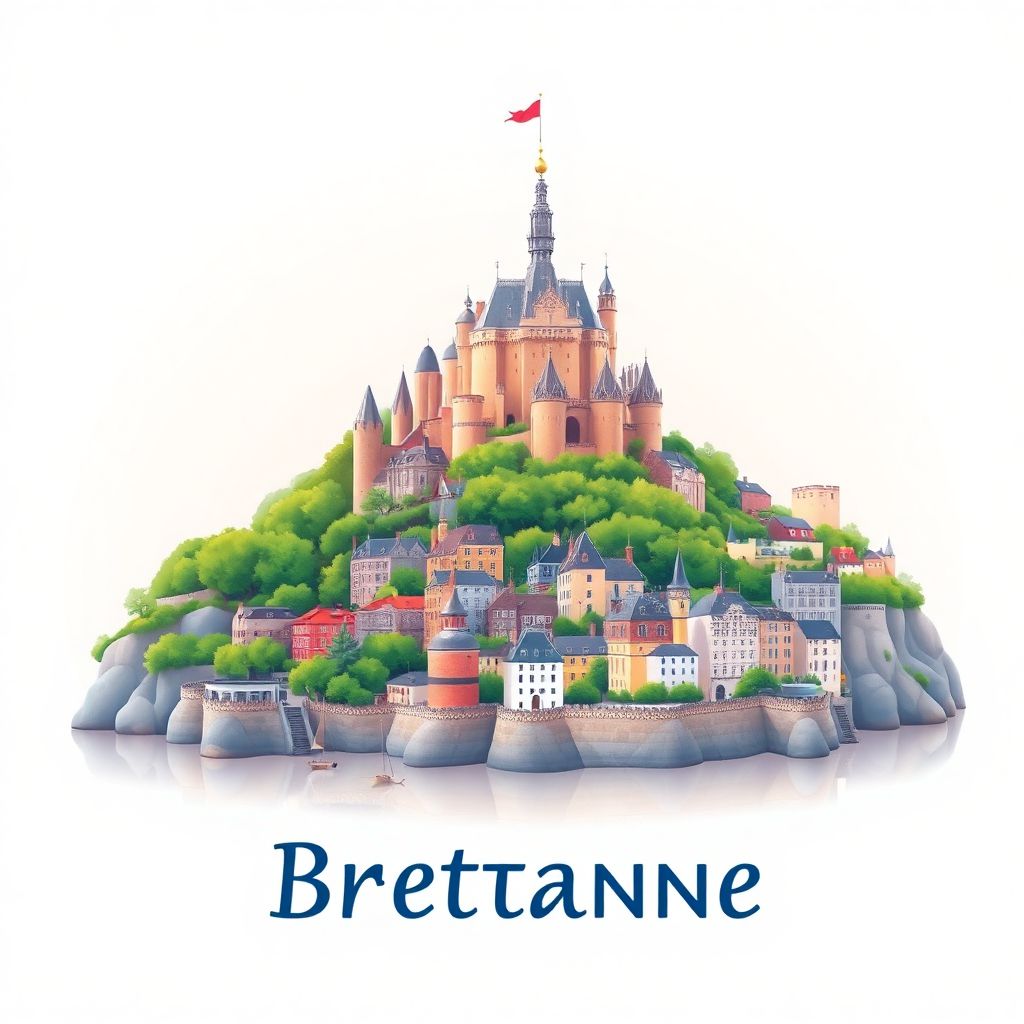 Ultra-high-definition gradient illustration style of Bretagne, Brittany, France, featuring Mont Saint-Michel, Saint-Malo, and Château de Josselin.
