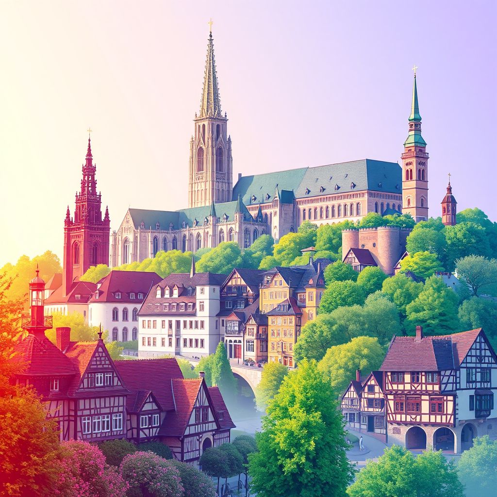 Ultra-high-definition gradient illustration of Bas-Rhin, featuring Strasbourg Cathedral, Colmar, Alsatian houses, and Tarte Flambée.