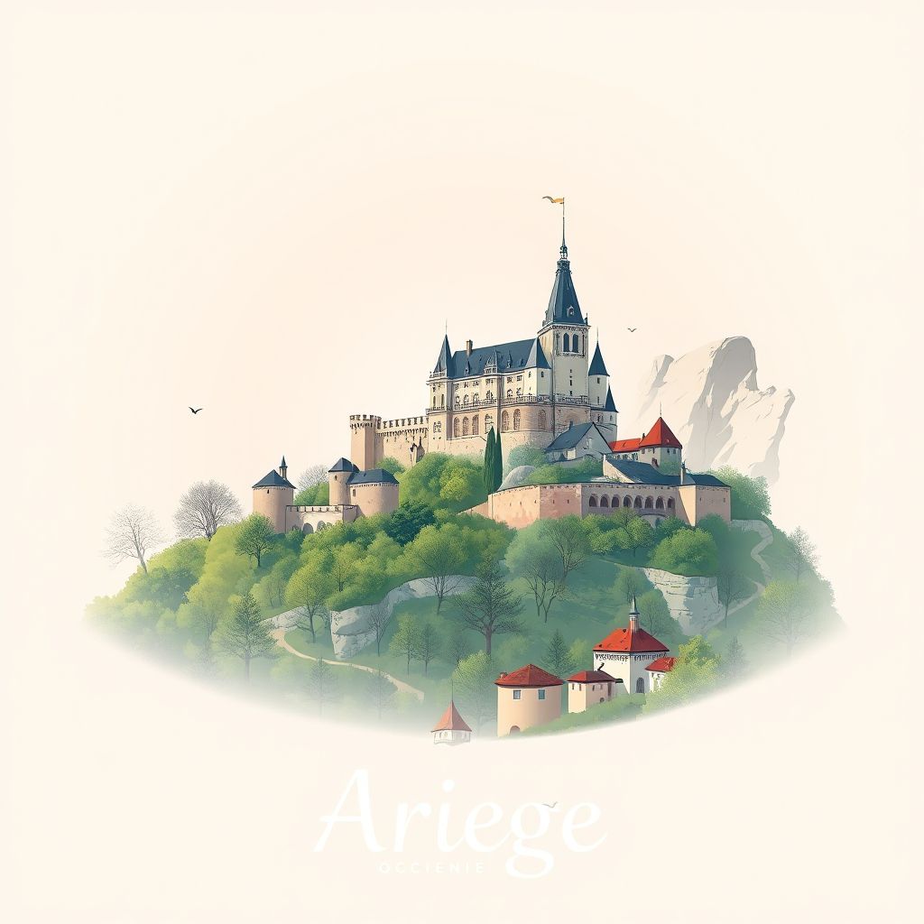 Ultra-high-definition gradient illustration style Ariège illustration, showing the unique charm of the Château de Foix and the Grotte de Niaux.