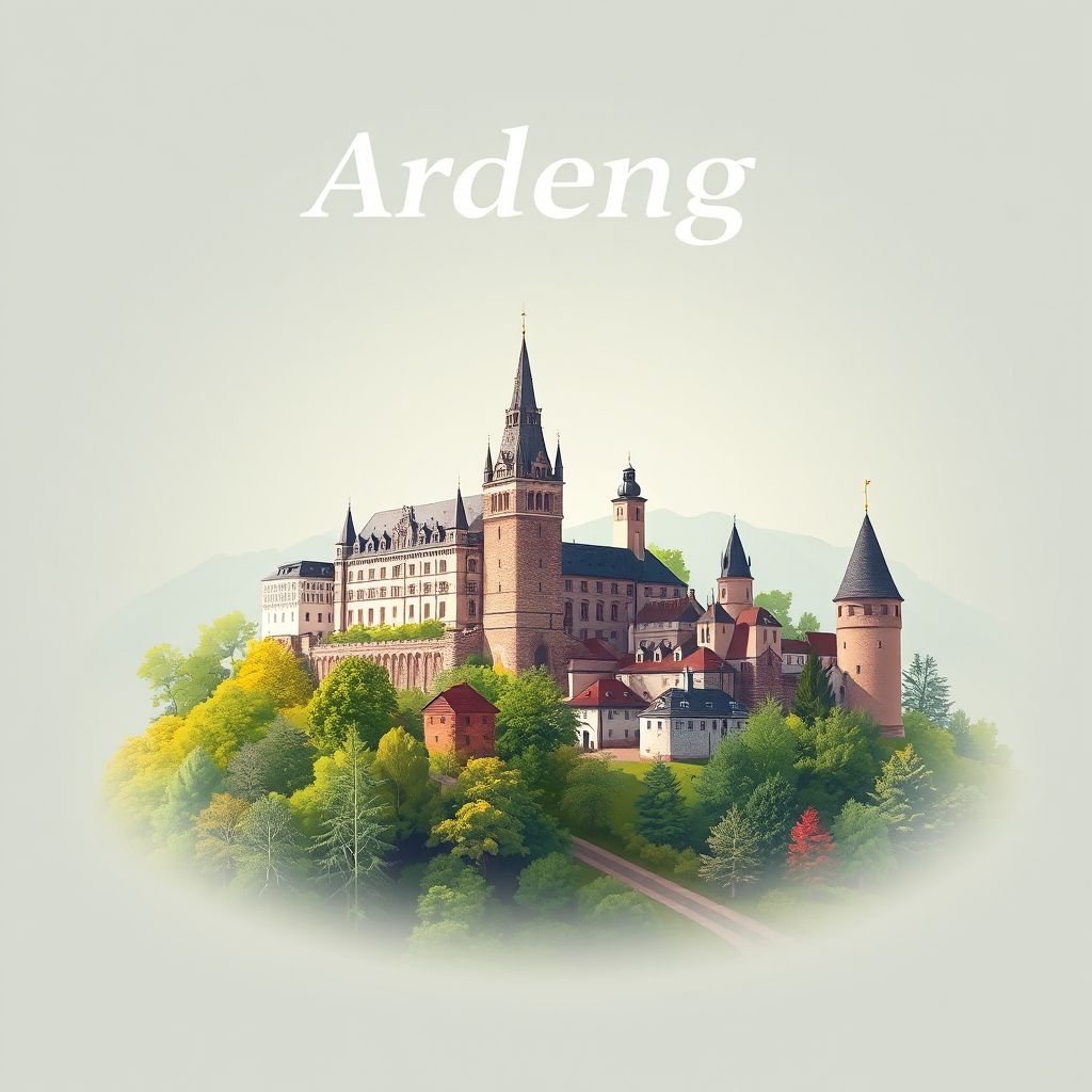 Ultra-high-definition gradient illustration of Ardennes, Grand Est, France, featuring Château de Sedan and Ardennes Forest.