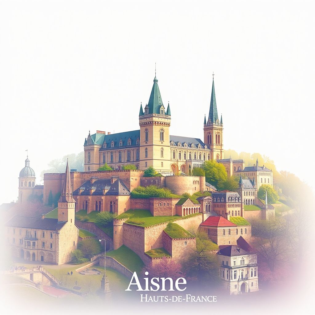 Ultra-high-definition gradient illustration of Aisne, Hauts-de-France, France, featuring the Château de Coucy, the Cathedral of Laon, and historic battlefields.
