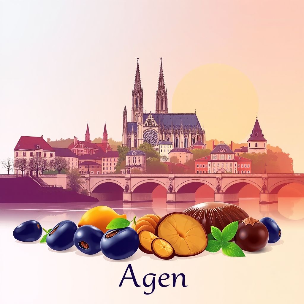 Ultra-high-definition gradient illustration of Agen, featuring the Agen Cathedral, Pont-Canal d'Agen, and local specialties like prunes and foie gras.