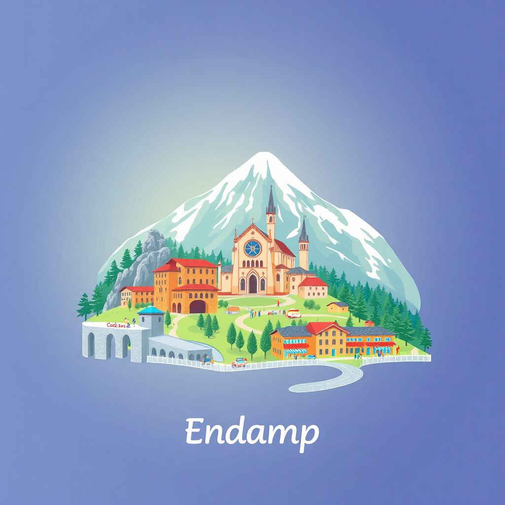 Ultra-high-definition gradient illustration style Encamp, Andorra illustration, showing the unique charm of the Caldea Spa, the Church of Santa Eulalia, and ski resorts.