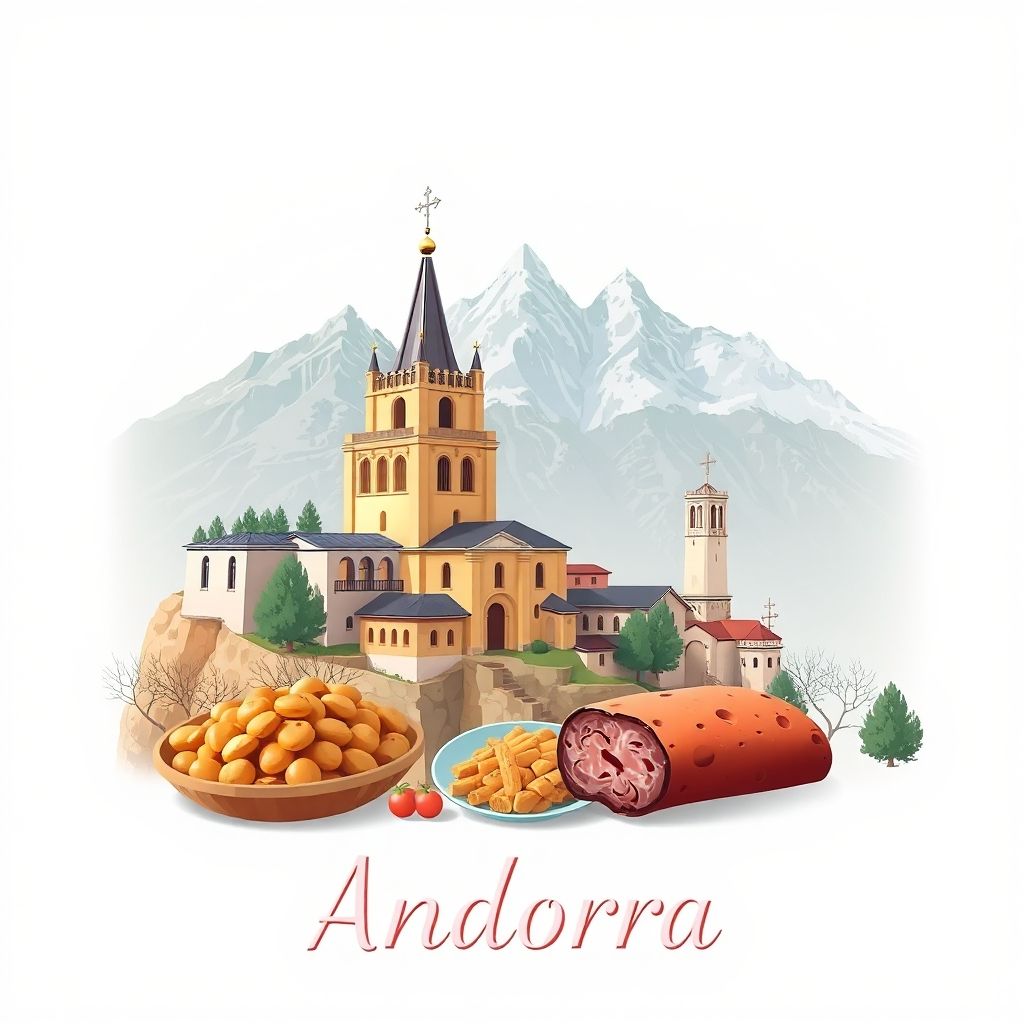 Ultra-high-definition gradient illustration style Andorra illustration, featuring the Casa de la Vall, the Church of Sant Esteve, the Pyrenees mountains, and Civet de Porc.