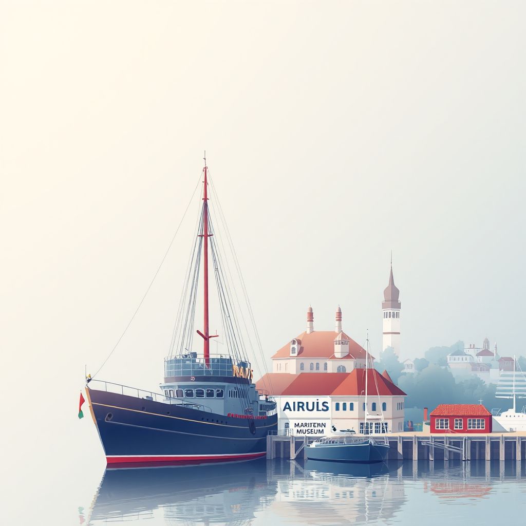 Ultra-high-definition gradient illustration style Mariehamn illustration, showing the unique charm of the Museum Ship Pommern and Maritime Museum.
