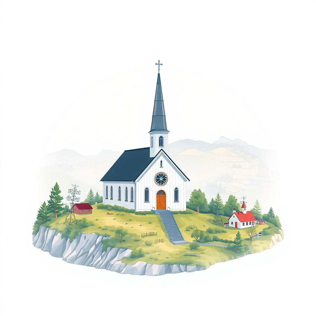Ultra-high-definition gradient illustration style Jomala illustration, featuring Jomala Church and scenic countryside views.