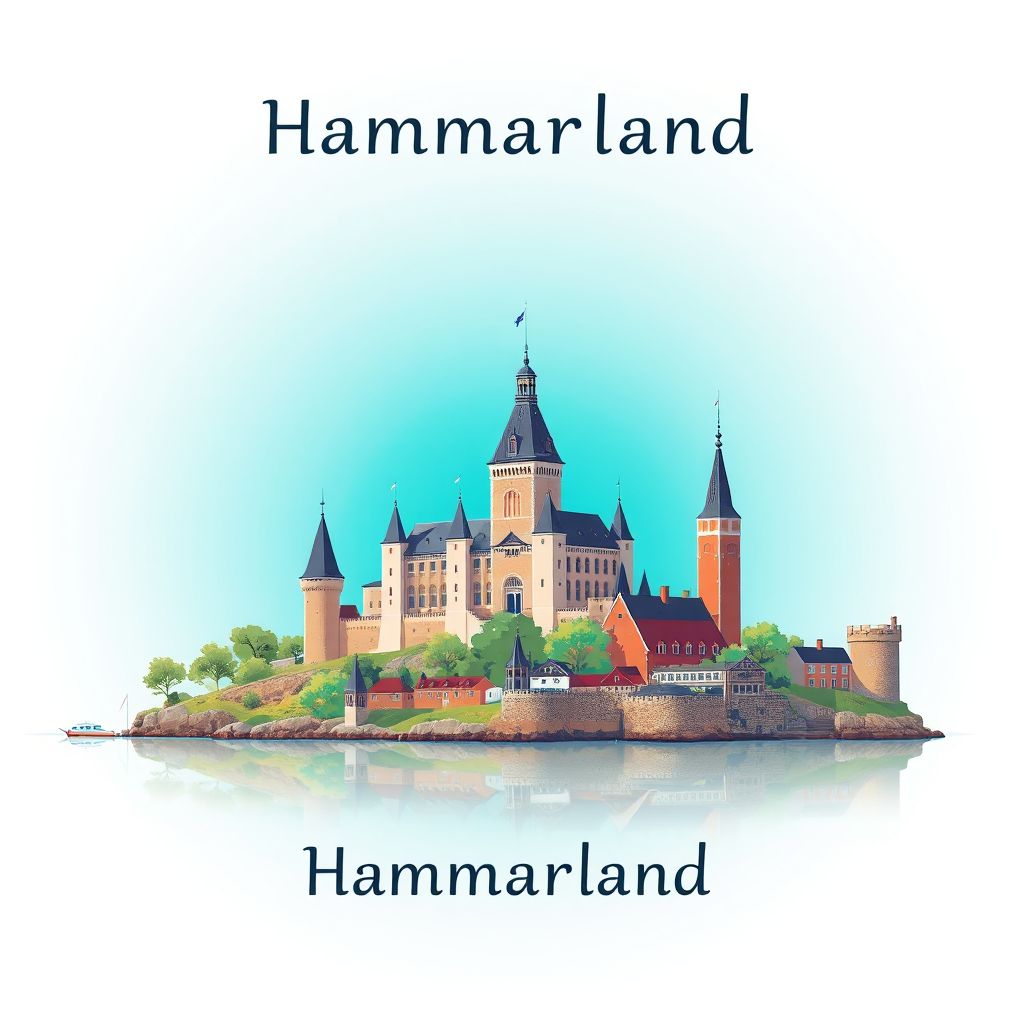 Ultra-high-definition gradient illustration style Hammarland, Aland Islands, featuring Kastelholm Castle and Bomarsund Fortress.