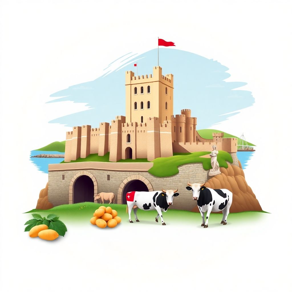 Ultra-high-definition gradient illustrations in Jersey style, featuring Elizabeth Castle and St. Brelade's Bay