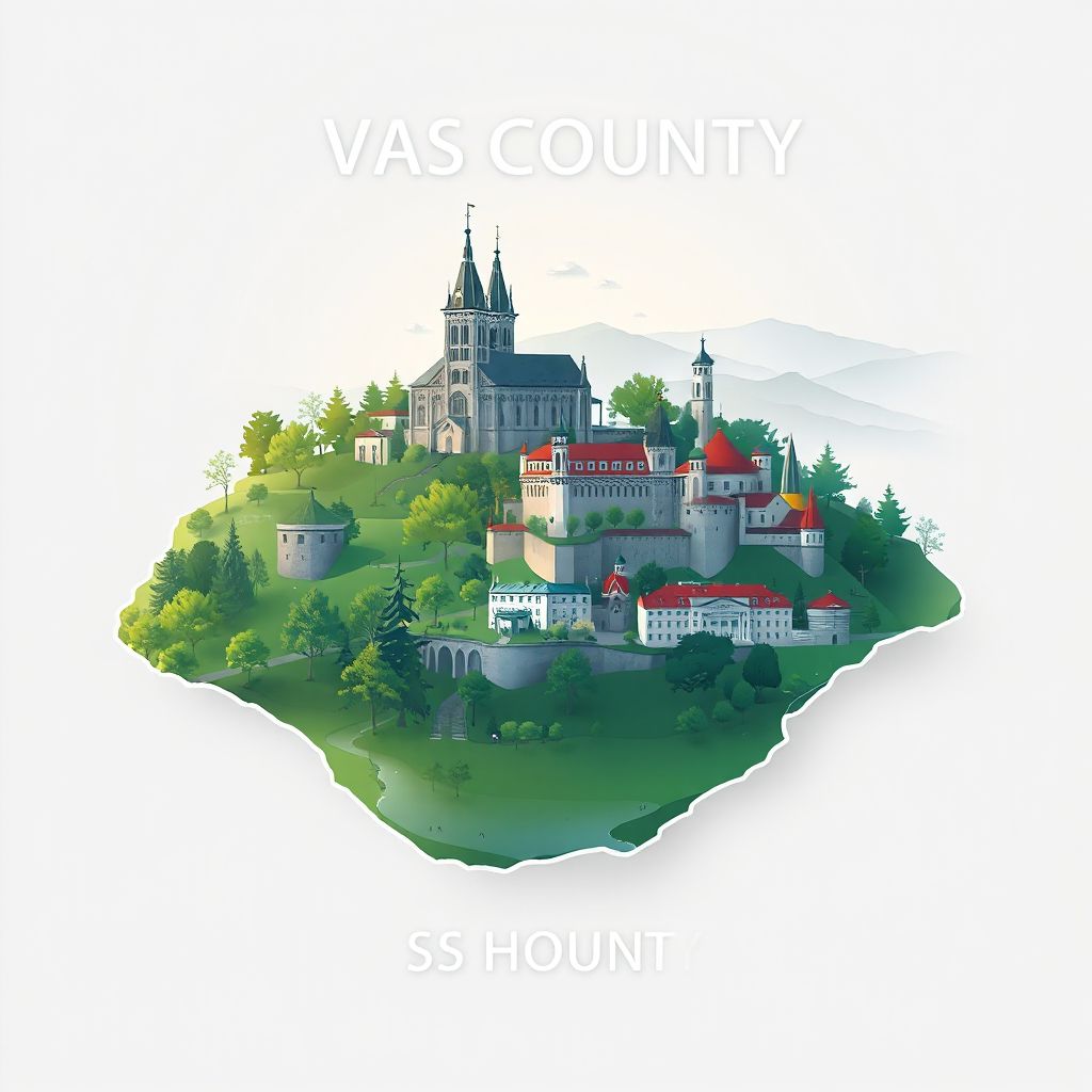 Ultra-high-definition gradient illustration of Vas County, Hungary, featuring Szentgotthárd Abbey and the Rába River.