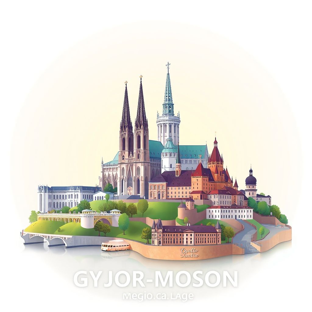 Ultra-high-definition gradient illustration style Gyor-Moson-Sopron megye illustration, showing the unique charm of the Gyor Cathedral, the Raba Quelle Spa, and the historical Castle of Gyor.