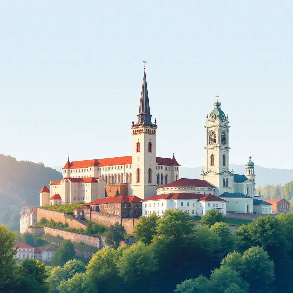 Ultra-high-definition gradient illustration of Zilina, Slovakia, featuring Budatin Castle, the Church of St. Paul the Apostle, and traditional Slovak cuisine.
