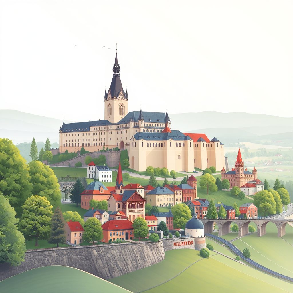 Ultra-high-definition gradient illustration of Okres Zilina, featuring Budatin Castle, historic old town, and countryside.