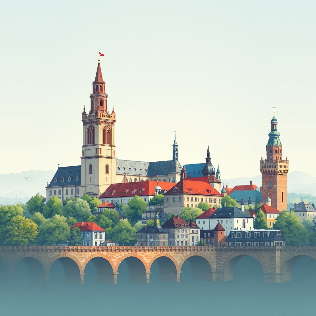 Ultra-high-definition gradient illustration of Trnava, featuring St. John the Baptist Cathedral, the City Tower, and historic city walls.