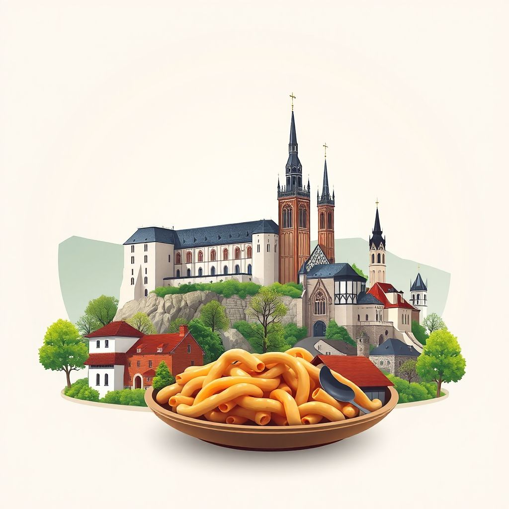 Ultra-high-definition gradient illustration style Okres Povazska Bystrica illustration, showing the unique charm of Povazsky Castle, the Church of St. John the Baptist, and Bryndzove Halusky.