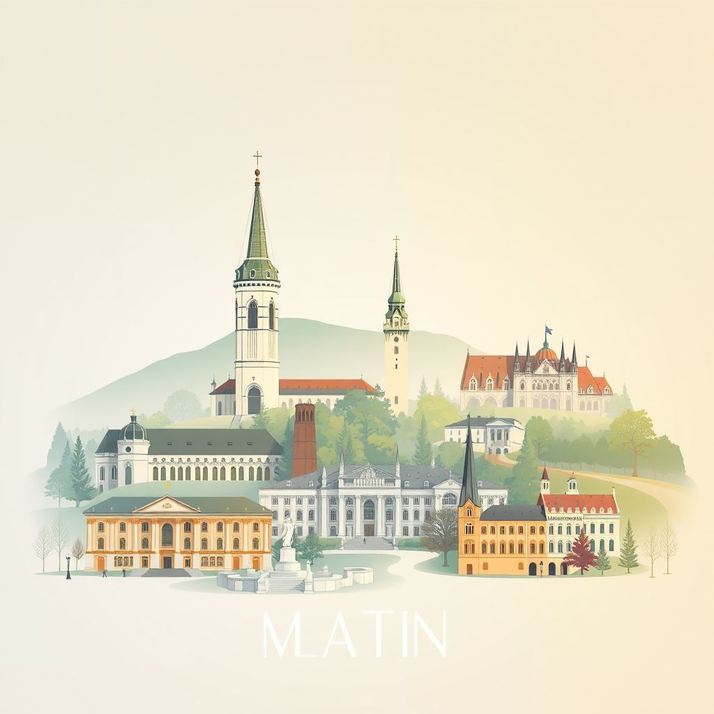 Ultra-high-definition gradient illustration style Martin, Zilina Region, Slovakia, featuring the Martin Museum, the Slovak National Cemetery, and the historic center of Martin.