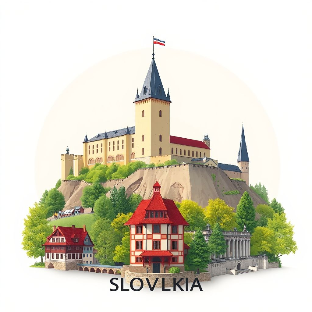 Ultra-high-definition gradient illustration of Okres Lucenec, Slovakia, featuring Lucenec Castle, Slovak National Uprising Square, and Bryndza cheese.