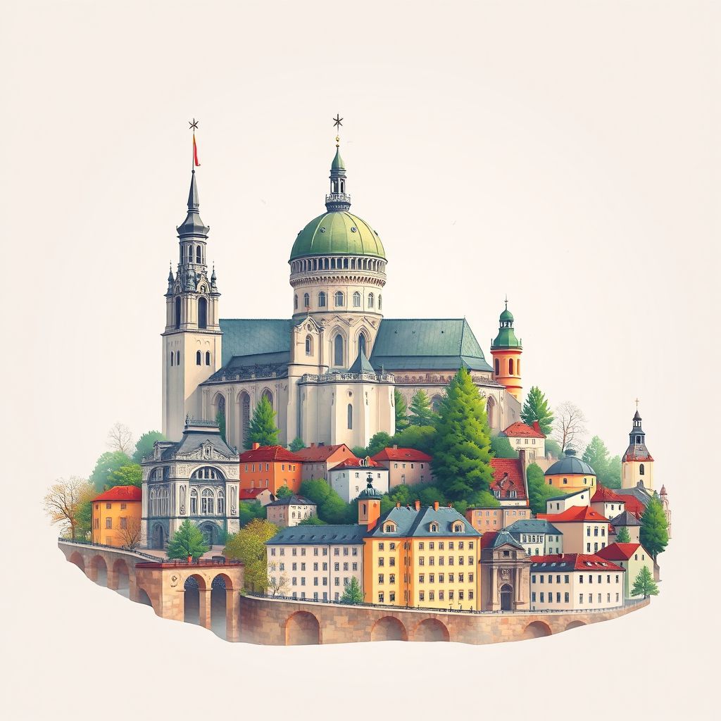 Ultra-high-definition gradient illustration of Trebic, featuring the Basilica of St. Procopius and the Trebic Jewish Quarter.