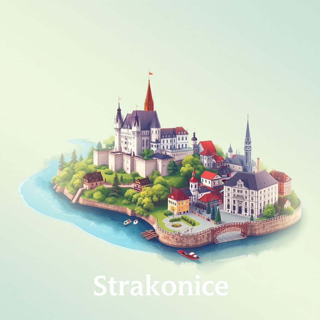 Ultra-high-definition gradient illustration style Okres Strakonice illustration, showing the unique charm of Strakonice Castle, the Otava River, and the historic town square.
