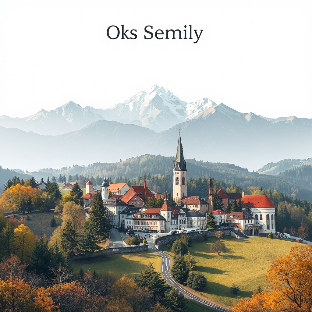 Ultra-high-definition gradient illustration of Okres Semily, featuring the Jizera Mountains and the historic town center of Semily.