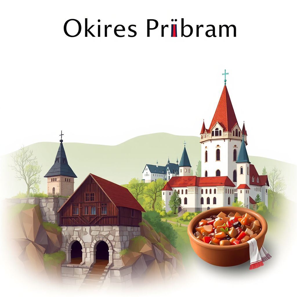 Ultra-high-definition gradient illustration of Okres Pribram, featuring Pribram Mining Museum, Svata Hora, and Czech goulash.