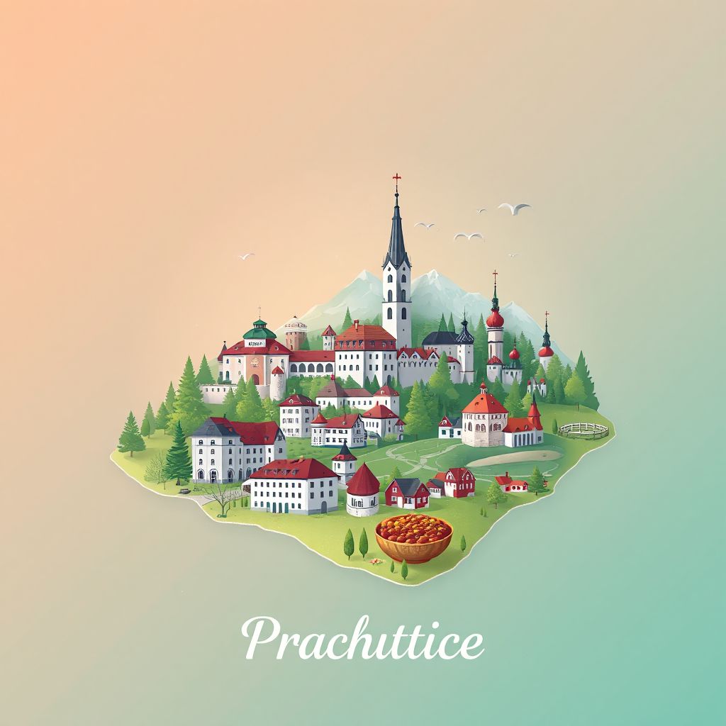 Ultra-high-definition gradient illustration style Okres Prachatice depicting the historic Prachatice Old Town, Sumava National Park, and Czech goulash.