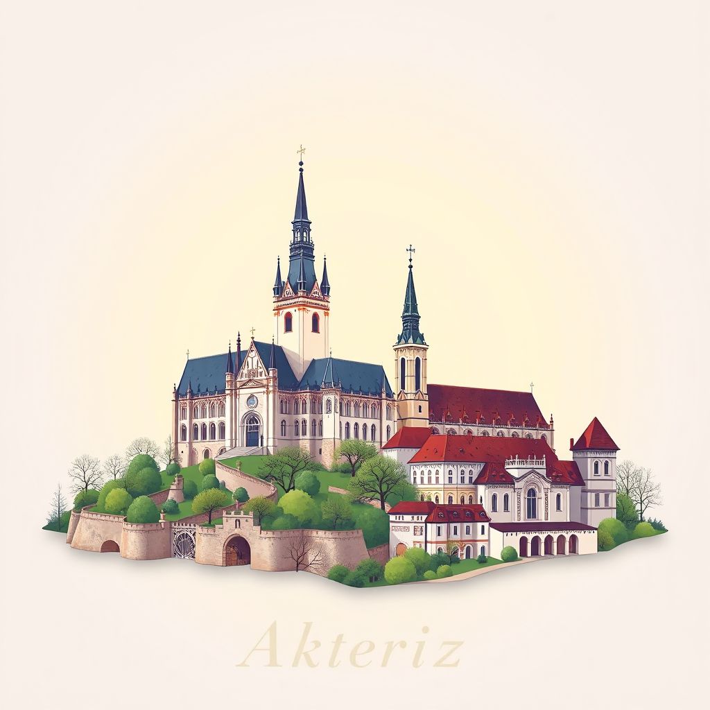 Ultra-high-definition gradient illustration style Okres Kromeriz illustration, showing the unique charm of the Chateau Kromeriz, the Archbishop's Palace, and the Church of the Assumption of the Virgin Mary.