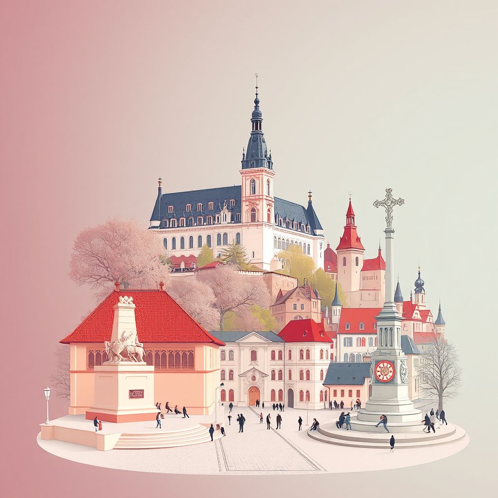Ultra-high-definition gradient illustration of Okres Kolin, featuring Kolin Chateau, Old Town Square, Battle of Kolin monument, and Kolin sausages.