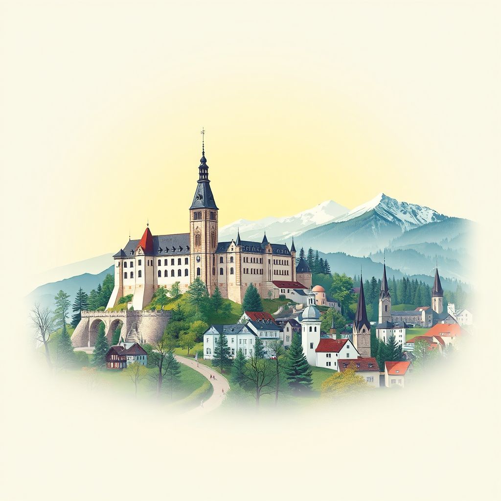Ultra-high-definition gradient illustration style Okres Frydek-Mistek illustration, featuring Frydek Castle and Beskydy Mountains.