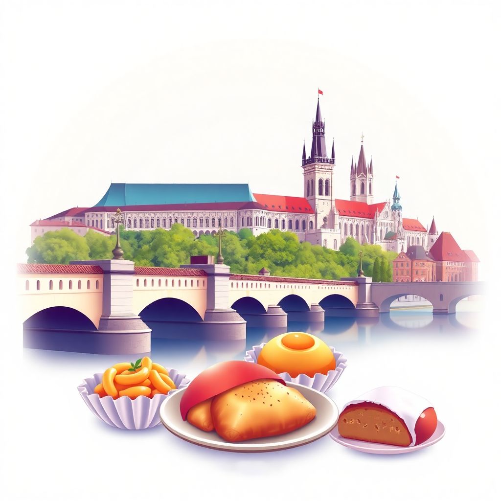 Ultra-high-definition gradient illustration style Czech illustration, featuring the Charles Bridge and Prague Castle