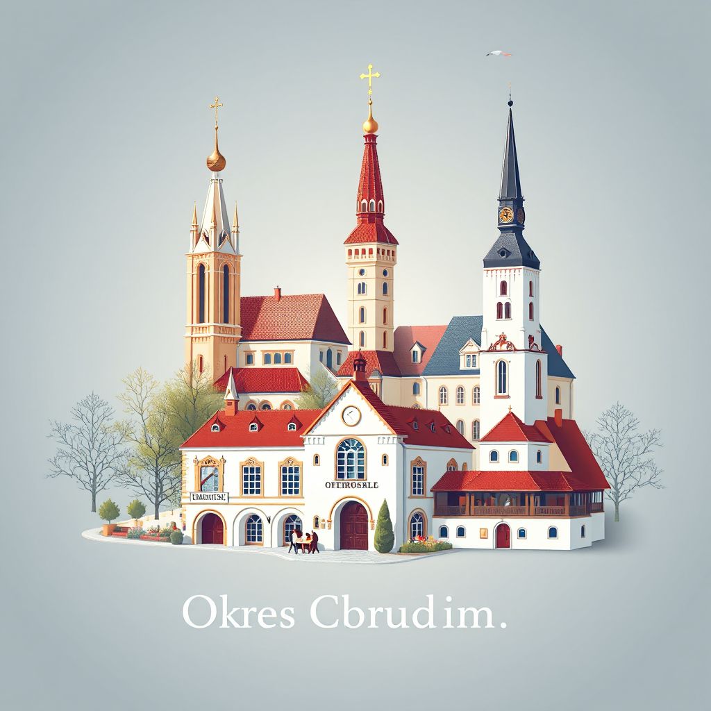 Ultra-high-definition gradient illustration of Okres Chrudim, Pardubicky, Czechia, featuring the Church of the Assumption of the Virgin Mary, Chrudim Town Hall, and Czech goulash.