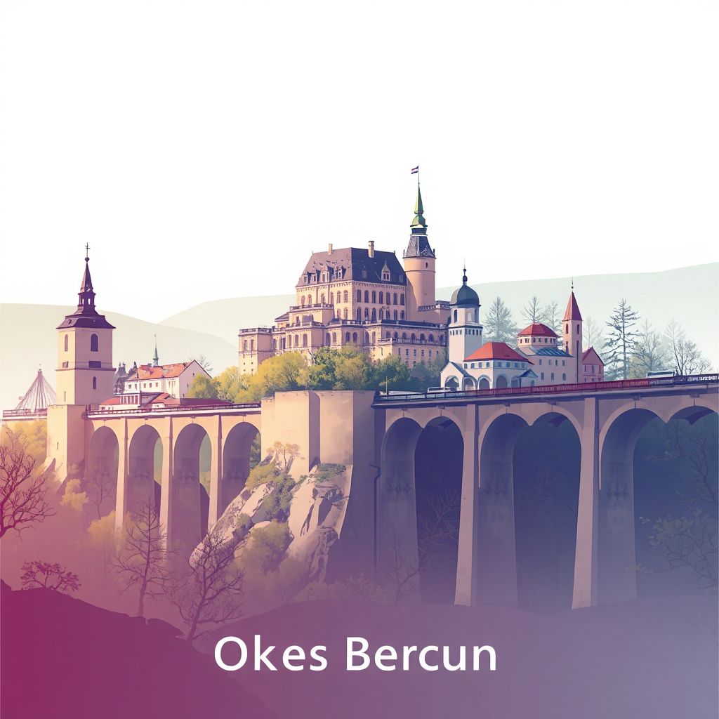 Ultra-high-definition gradient illustration of Okres Beroun, Central Bohemia, Czechia, featuring Karlštejn Castle and the Beroun Railway Viaduct.