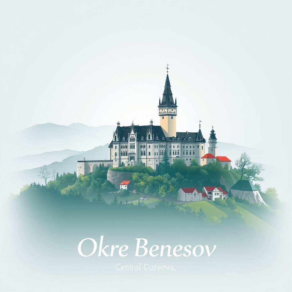 Ultra-high-definition gradient illustration of Okres Benesov, Central Bohemia, Czechia, featuring Konopiste Castle and scenic landscapes.