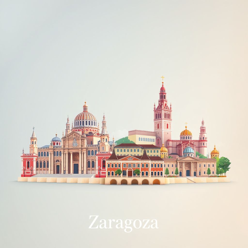 Ultra-high-definition gradient illustration style Provincia de Zaragoza illustration, showing the unique charm of the Basilica of Our Lady of the Pillar and the Aljaferia Palace.