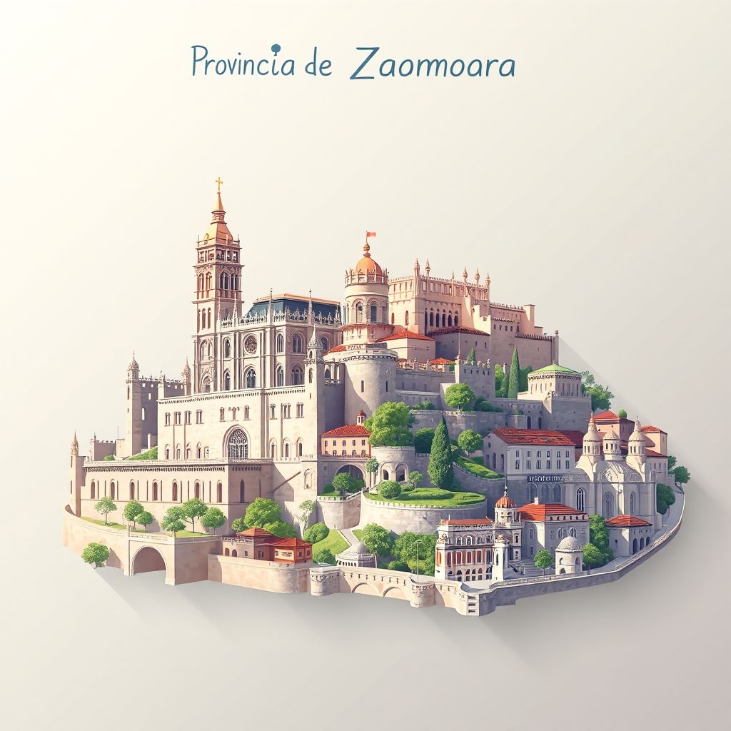 Ultra-high-definition gradient illustration style Provincia de Zamora depiction, featuring Zamora Cathedral, the Castle of Zamora, and traditional Castilian cuisine.