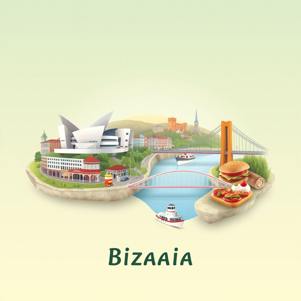 Ultra-high-definition gradient illustration style Bizkaia, Spain illustration, showing the Guggenheim Museum Bilbao, the Vizcaya Bridge, and pintxos.