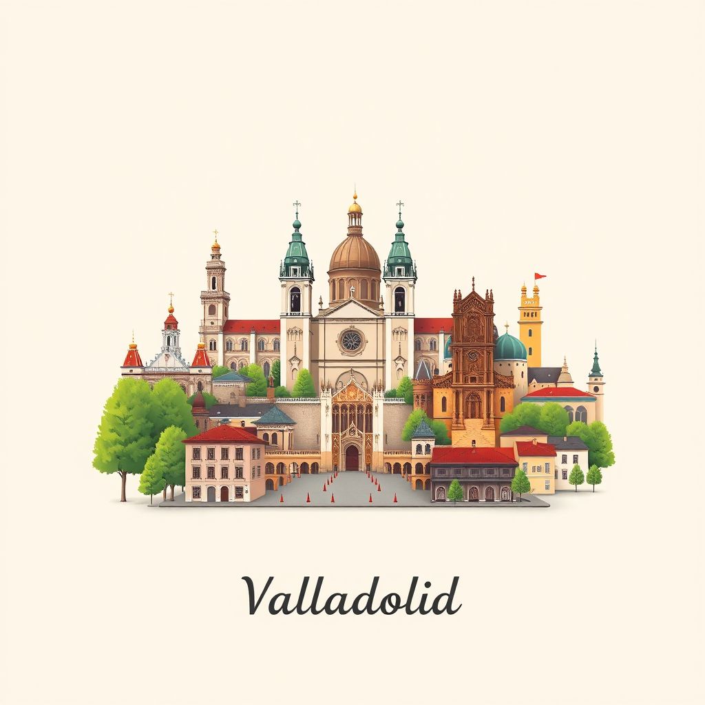 Ultra-high-definition gradient illustration of Provincia de Valladolid, featuring the Valladolid Cathedral, Plaza Mayor, traditional castles, historic architecture, and Lechazo Asado.