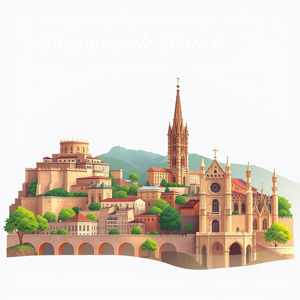 Ultra-high-definition gradient illustration style Provincia de Teruel illustration, featuring Albarracín medieval town, Dinópolis paleontological park, and Teruel Cathedral.
