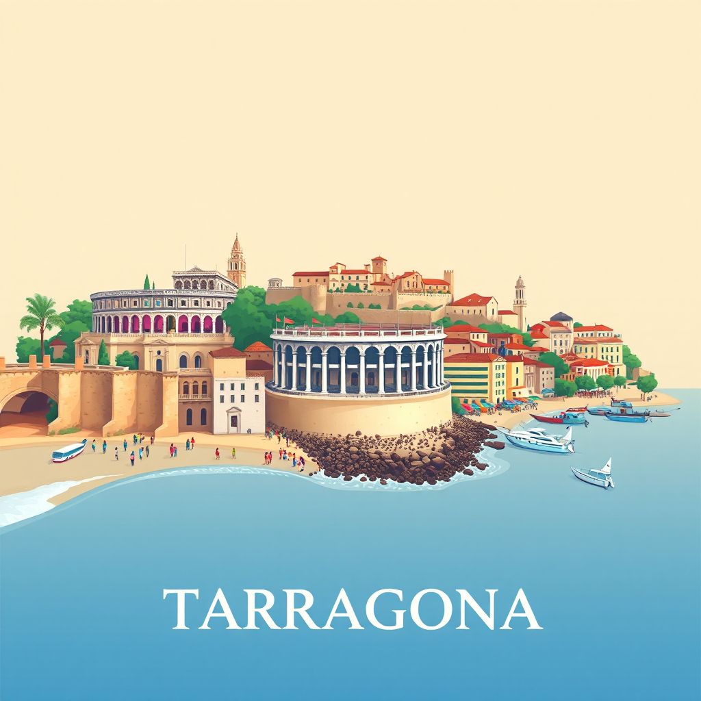 Ultra-high-definition gradient illustration of Provincia de Tarragona, featuring the Roman Amphitheatre, ancient city walls, and beaches of the Costa Dorada.