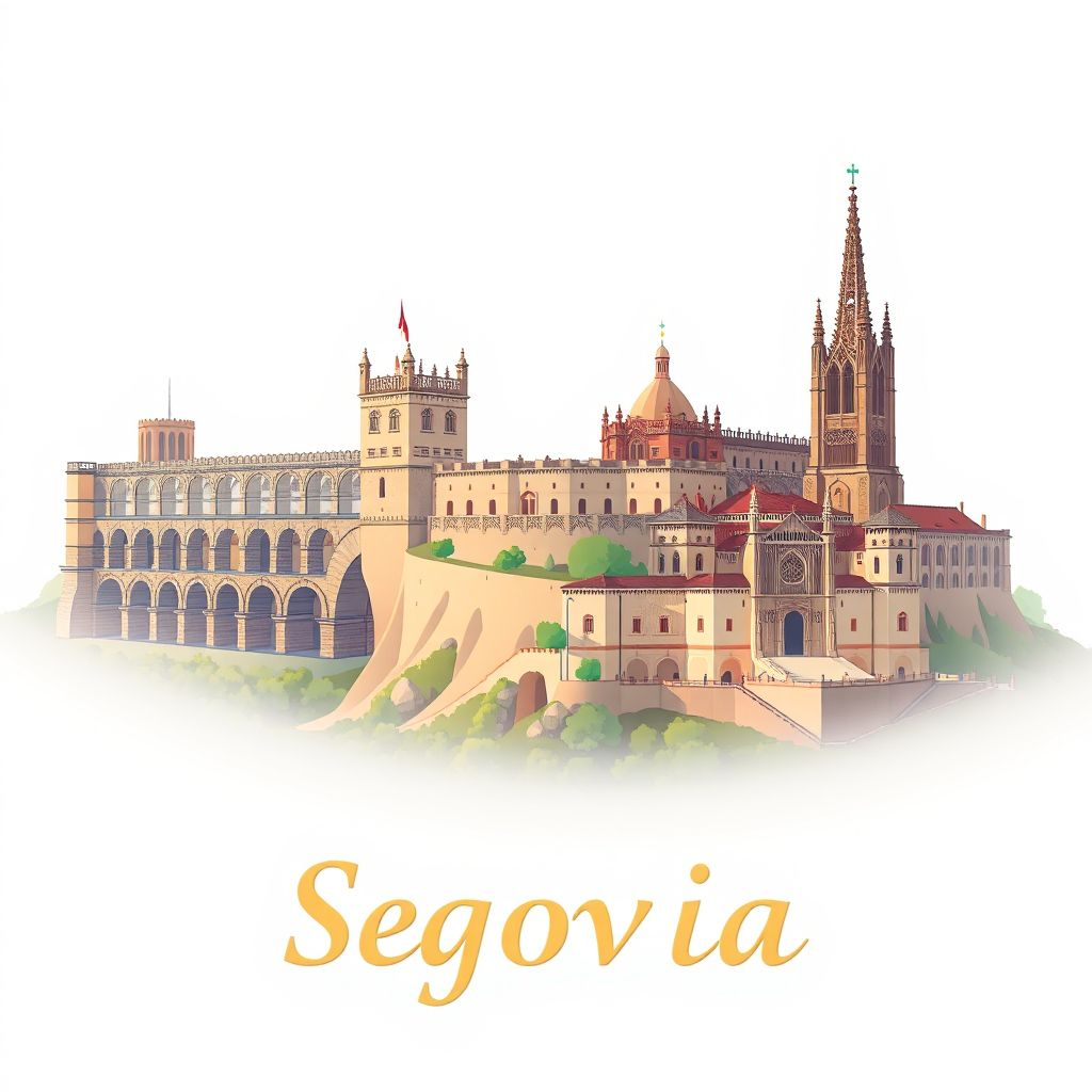 Ultra-high-definition gradient illustration style Segovia illustration, showing the unique charm of the Aqueduct of Segovia, Alcázar of Segovia, and Segovia Cathedral.
