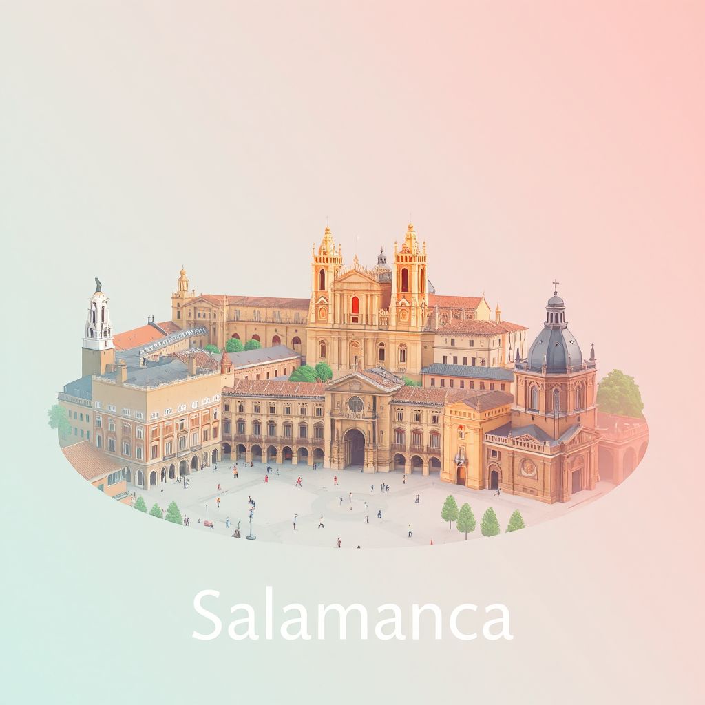 Ultra-high-definition gradient illustration of Salamanca, Spain, featuring the Plaza Mayor, University of Salamanca, New Cathedral, and hornazo.
